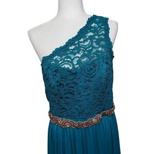 Celebrate DB Studio Teal Lace One Shoulder Gown Embellished Waist Maxi Dress‎